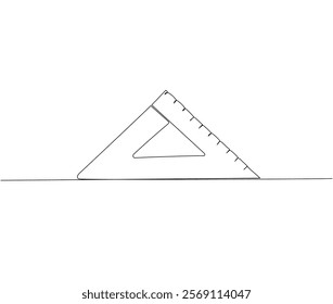 triangular ruler, square, geometry, technical drawing one line art. Continuous line drawing of online learning, school supplies, stationery storage, exam, office supplies, education.