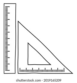 triangular ruler and straight ruler hand drawn vector icon isolated on white background