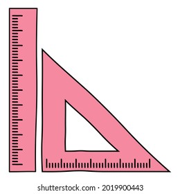 triangular ruler and straight ruler hand drawn vector icon isolated on white background