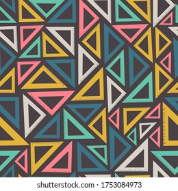 Triangular rulers on dark grey background, vector seamless pattern. Stationery tools repeat backdrop. Trendy textile design element