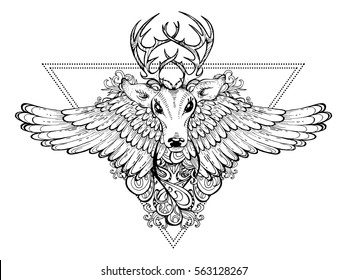 
triangular sacral Tattoo, wild deer with wings print on t-shirts, textiles. vector illustration tribal animal symbol, totem, mascot, poster