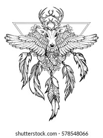
triangular sacral Tattoo, wild deer with wings print on t-shirts, textiles. vector illustration tribal animal symbol, totem, mascot, poster