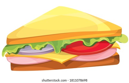 Sándwich triangular aislado de fondo blanco. Comida rápida al estilo de las caricaturas.