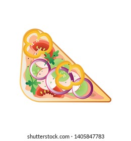 Triangular sandwich with slice of paprika, onion and red tomato
