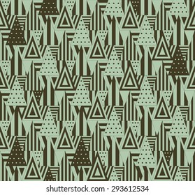 Triangular seamless pattern on green background. Triangles consist of different forms.