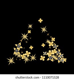 Triangular shape from confetti golden flowers. Abstract triangle vector illustration. Dynamic colored celebration background with confetti floral elements for holiday decoration, packaging, textile
