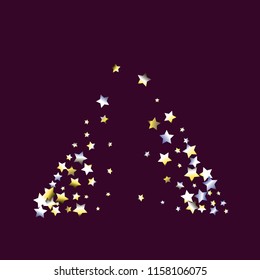 Triangular shape from confetti stars. Isolated yellow blue white  grey gradient celestial elements. Iridescent glitter festive  celebration vector  template for celebration decorations.