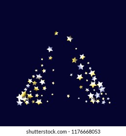 Triangular shape from confetti stars. Isolated yellow blue white  grey gradient celestial elements. Festive iridescent holographic shine effect vector template for celebration decoration.