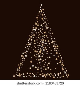 Triangular shape from confetti stars. Isolated gradient stellar elements. Brass metallic gloss. Festive iridescent holographic shine vector template for celebration decoration.