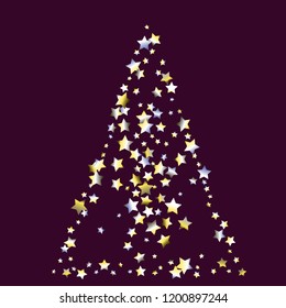 Triangular shape from confetti stars. Isolated yellow blue white  grey  gradient stellar elements. Iridescent glitter festive  celebration vector  template for celebration decorations.