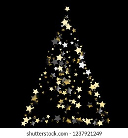 Triangular shape from confetti stars. Isolated gradient stellar elements. Platinum chrome metal glitter. Iridescent glitter festive celebration vector template.