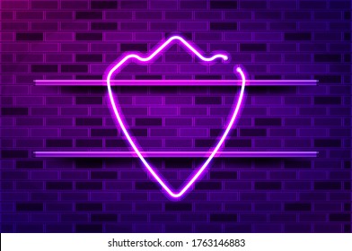 Triangular shaped shield glowing neon sign or LED strip light. Realistic vector illustration. Purple brick wall, violet glow, metal holders.