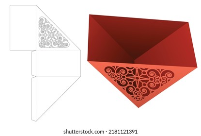 triangular shaped snack container with stenciled pattern die cut template and 3D mockup