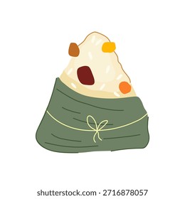 Zongzi em forma triangular representando a cozinha tradicional asiática e a cultura de alimentos festivos, mostrando arroz e recheios envoltos em uma folha verde amarrada com cordão