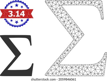 Triangular Sigma Greek letter framework illustration, and bicolor dirty 3.14 watermark. Mesh wireframe illustration is created from Sigma Greek letter pictogram. Vector watermark with 3.