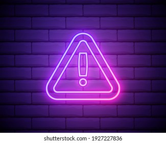 triangular sign with exclamation point neon icon. Elements of web set. Simple icon for websites, web design, mobile app, info graphics isolated on brick wall.