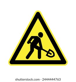 Triangular sign of a man with a shovel. Symbol of work or road works. Repair or vegetable garden sign.