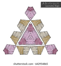 Triangular sign.Abstract geometric shape roughly hand drawn. Striped symmetrical geometrical symbol. Vector icon isolated on white. Tribal ethnic pattern design element.