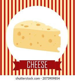 A triangular slice of cheese with holes in the frame. Vector card.