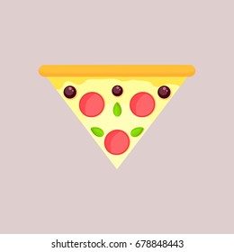 Triangular slice of cheese pizza with olive,basil and pepperoni. Flat slice, top view, isolated on a gray background.
