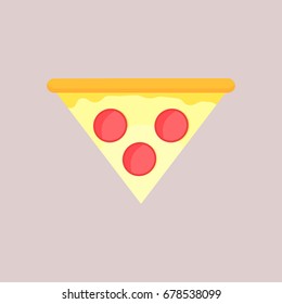 Triangular slice of cheese pizza with salami sausage. Flat slice, top view, isolated on a gray background.
