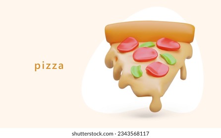 Triangular slice of fresh pizza. Advertisement of hot meal. Horizontal banner for pizzeria in modern style. Pizza with runny melted cheese, filling. Cute color template