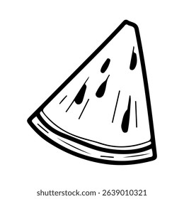 Triangular slice watermelon. Hand drawn doodle vector. Summer berry. Sweet fruit. Melon agriculture. Seasonal vitamins. Fresh vegetarian food. Ripe pulp dessert with seeds. Illustration line art.