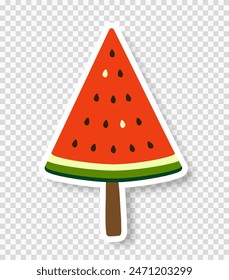 A triangular slice of watermelon on a stick on a transparent background. A sticker with a slice of watermelon and a shadow. Cartoon retro style. Vector EPS 10.