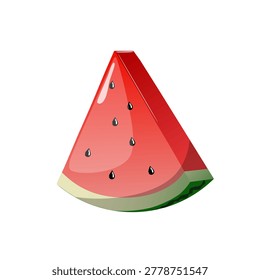 Triangular slice of watermelon with rind and seeds, summer fruit vector element.