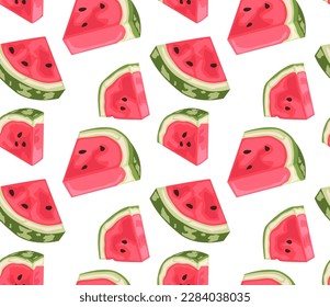 Triangular slices of watermelon. Modern seamless pattern in vector. Juicy summer fruits. Suitable for prints and backgrounds.
