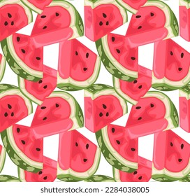 Triangular slices of watermelon with rind. Modern seamless pattern in vector. Bright colors. Juicy summer fruits. Suitable for prints and backgrounds.