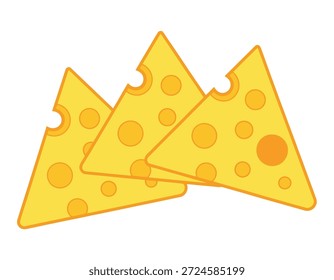Fatias triangulares de queijo amarelo com contornos alaranjados e furos circulares dispostos em camadas com fundo branco