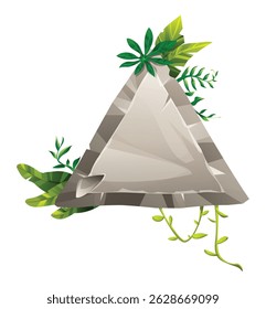 Triangular stone sign decorated with tropical leaves and vines for jungle theme. Vector cartoon illustration