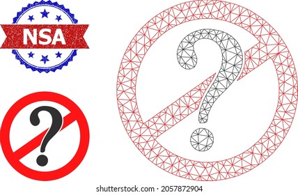 Triangle stop stellt Karkassengrafik und bicolor unlean NSA Wasserzeichen in Frage. Mesh-Schlachtkörperbild mit Stoppfragen Piktogramm.