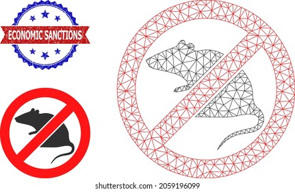 Triangular stop rat carcass icon, and bicolor unclean Economic Sanctions seal. Mesh wireframe illustration is created from stop rat icon.