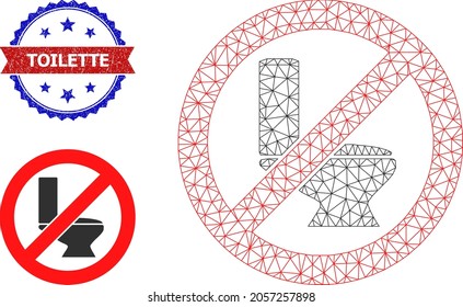 Icono del modelo triangular de inodoro de parada y marca de agua de goma bicolor Toilette. Símbolo de canal poligonal basado en el icono del inodoro de parada. Marca de agua vectorial con el título Toilette dentro de cinta roja y rosette azul,