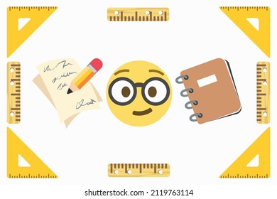 triangular and straight rulers with nerd face emoji,memo and notebook on a white background copy space,vector illustration