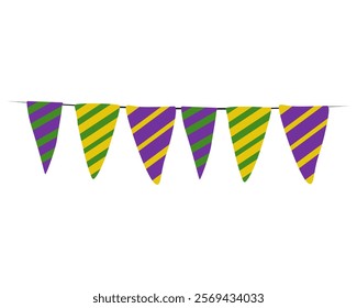 Triangular striped flags on a rope for Mardi Gras masquerade, holiday symbol in traditional colors for the entourage and design of a holiday poster or flyer vector illustration