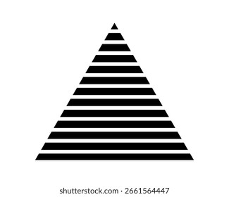 Triangular striped geometric shape isolated on white background. Streaked triangle figure. Stripy pyramid form. Simple design element. Vector graphic illustration.