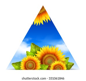 Triangular summer floral background, icon or design element with blooming sunflowers, green leaves and blue sky, vector background
