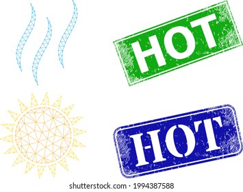 Triangular sun warm image, and Hot blue and green rectangular rubber watermarks. Polygonal wireframe image is created from sun warm pictogram. Seals contain Hot caption inside rectangular form.