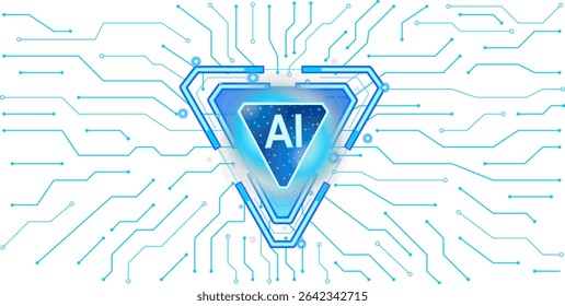 Triangular symbol of dynamic artificial intelligence on a circuit board on a transparent background, striking blue triangle with the abbreviation AI in its center, circuit board pattern