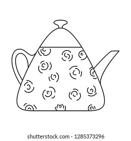 Triangular teapot with stylized roses on isolated background, Doodle style. Vector graphics