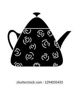 Triangular teapot with stylized roses on isolated background, Doodle style. Silhouette. Vector graphics