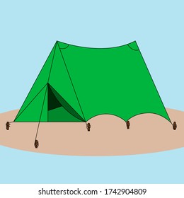 
Triangular tent green for hiking and tourism on a blue background vector illustration