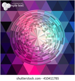 Triangular texture. Geometric shapes in bright colors. Colorful background for booklet covers, brochures. Mosaic circles of geometric pieces. Layout design of triangles.