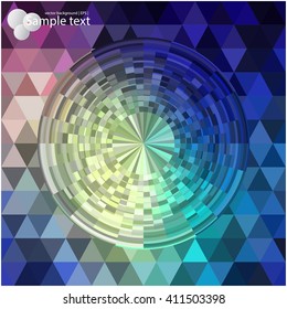 Triangular texture. Geometric shapes in bright colors. Colorful background for booklet, brochures. Mosaic circles of geometric pieces. Layout design. Spectrum geometric background made of triangles