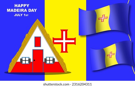 a triangular thatched-roofed house or so-called Santana traditional house and the Madeira flag fluttering against the background of the Madeira flag. commemorate Madeira Day – July 1
