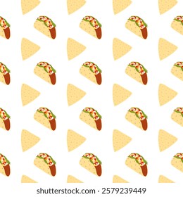 Triangular Tortilla chips Nacho and Taco Seamless pattern Traditional Mexican cuisine backdrop idea