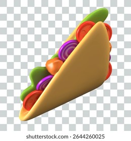 Triangular tortilla with vegetables and meat. Realistic taco top view. Mexican dish